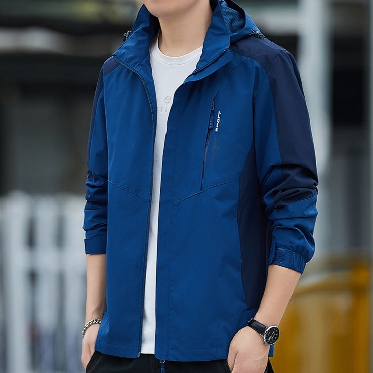 トラックジャケット 軽量防風フード付き配色切替トラックジャケット