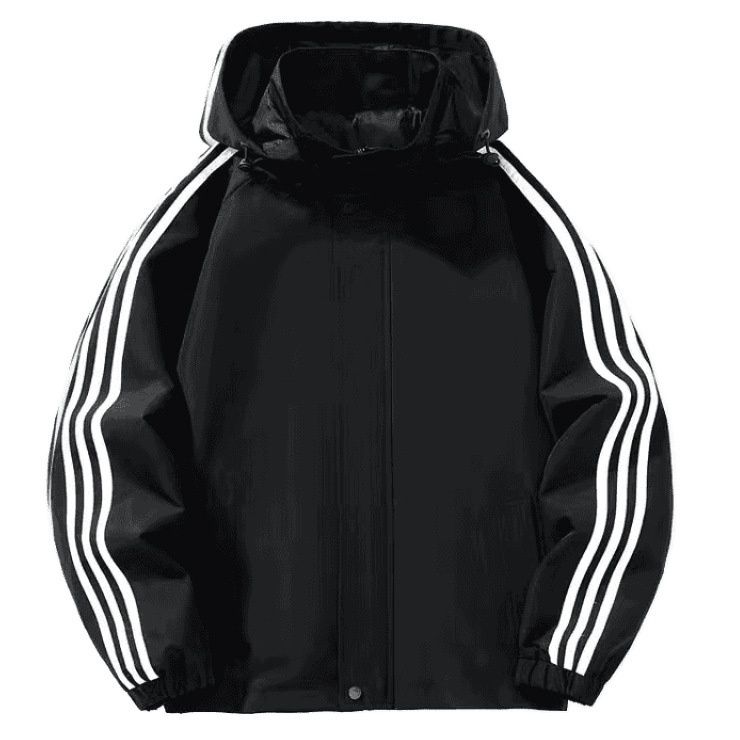 トラックジャケット 三本線袖ライン入りフード付きナイロンジャケット