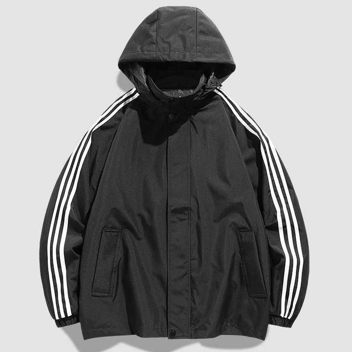 トラックジャケット 三本線袖ライン入りフード付きナイロンジャケット