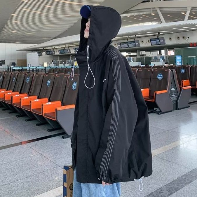 トラックジャケット フード付きライン刺繍ナイロントラックジャケット