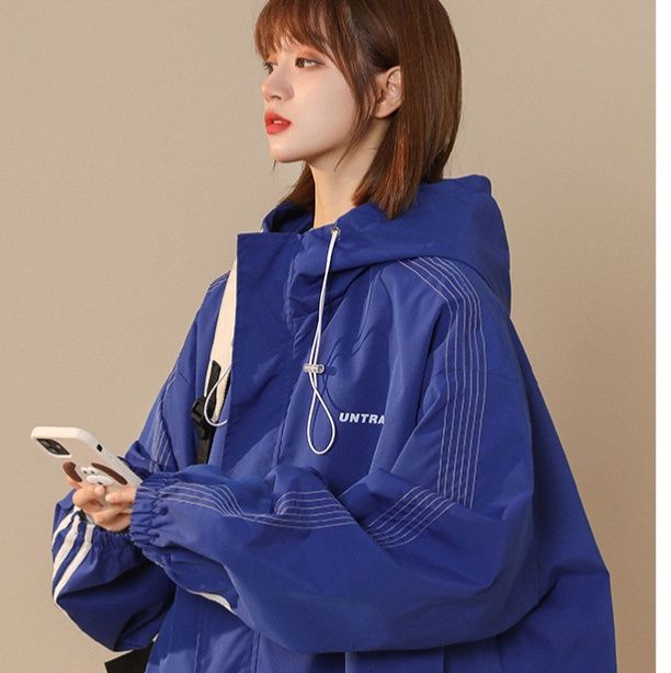 トラックジャケット フード付きライン刺繍ナイロントラックジャケット