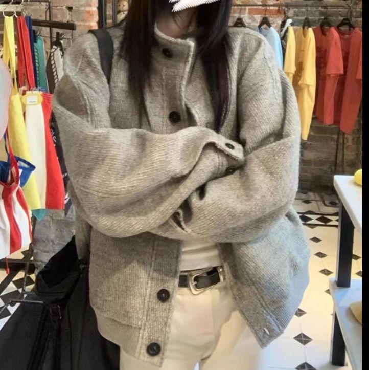 トラックジャケット スタンドカラーボタン留めトラックジャケット風ニット