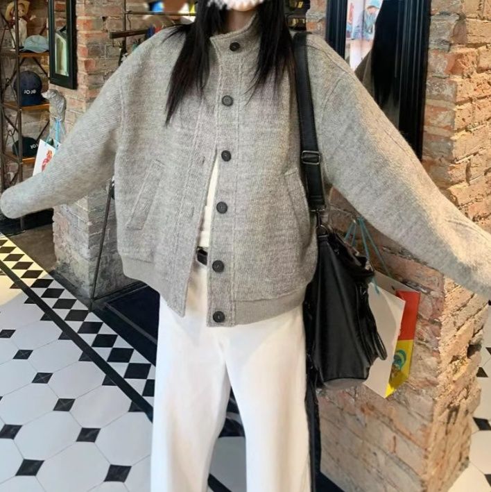 トラックジャケット スタンドカラーボタン留めトラックジャケット風ニット