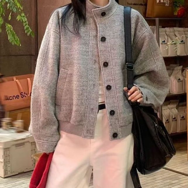 トラックジャケット スタンドカラーボタン留めトラックジャケット風ニット