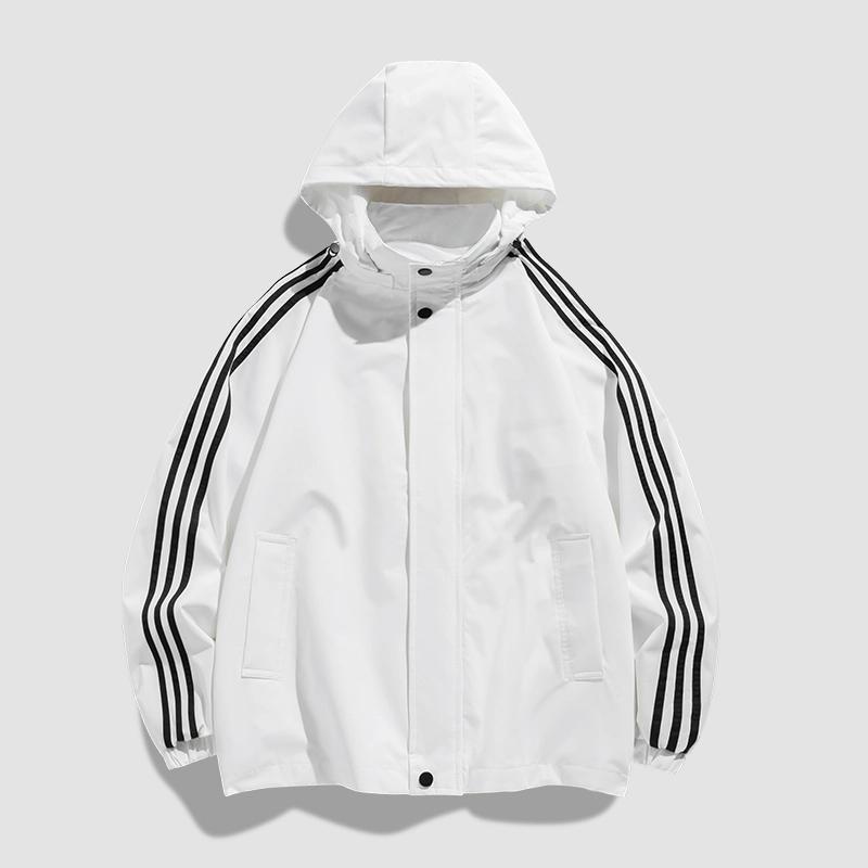 トラックジャケット 三本線袖ライン入りフード付きナイロンジャケット
