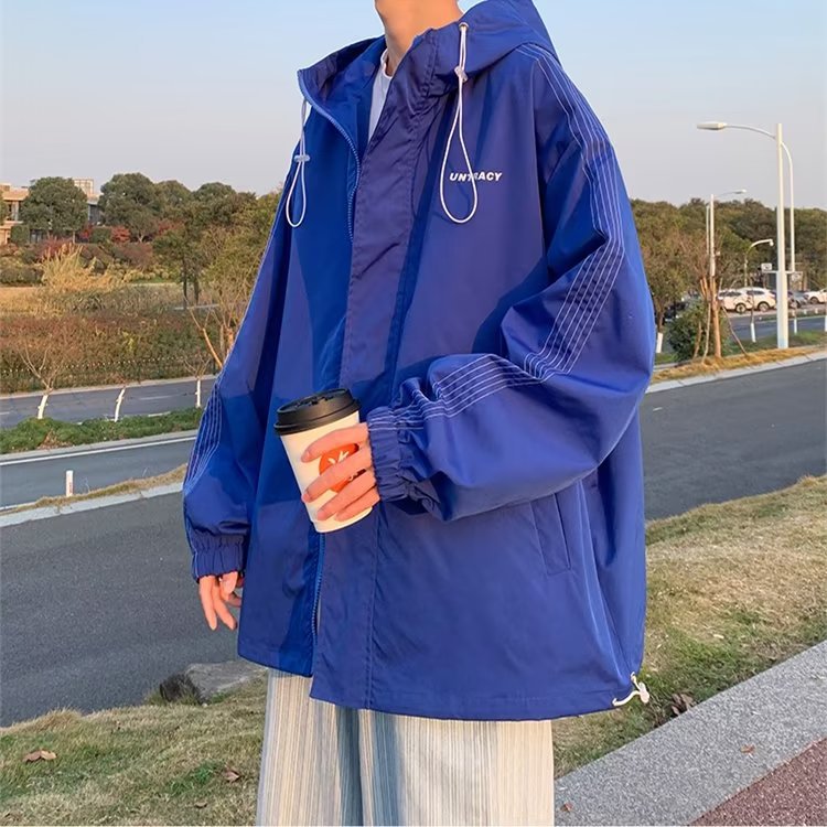 トラックジャケット フード付きライン刺繍ナイロントラックジャケット