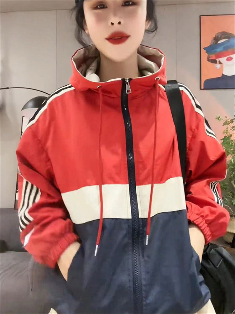 トラックジャケット 配色切替フード付きナイロン運動上着