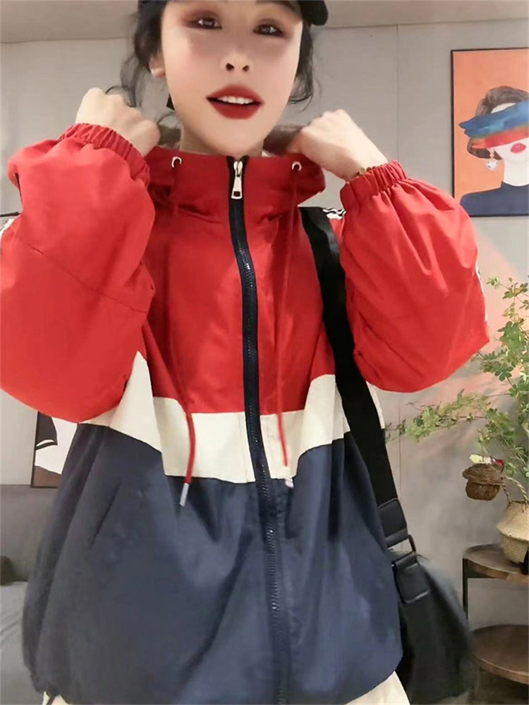 トラックジャケット 配色切替フード付きナイロン運動上着