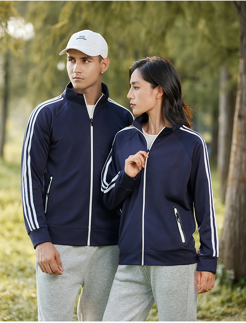 トラックジャケット ジャージ三本線デザイン立ち襟ユニセックストラックジャケット