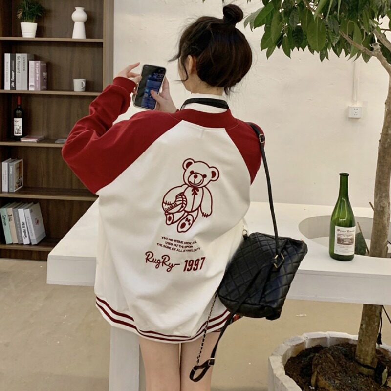 トラックジャケット くま刺繍入りスタジャン風バイカラートラックジャケット