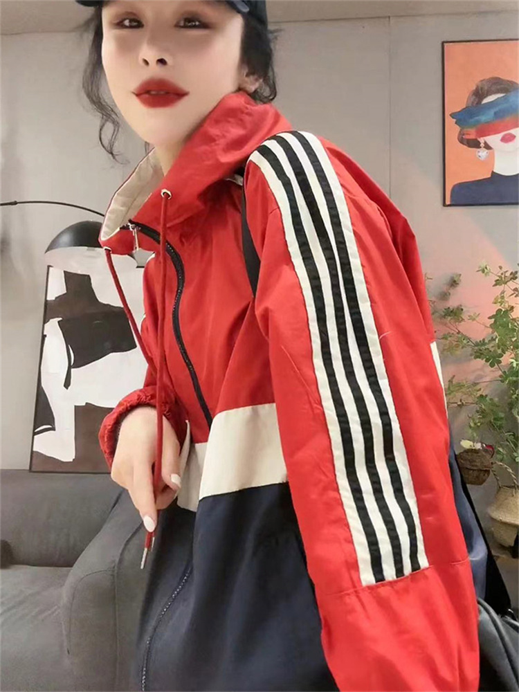 トラックジャケット 配色切替フード付きナイロン運動上着