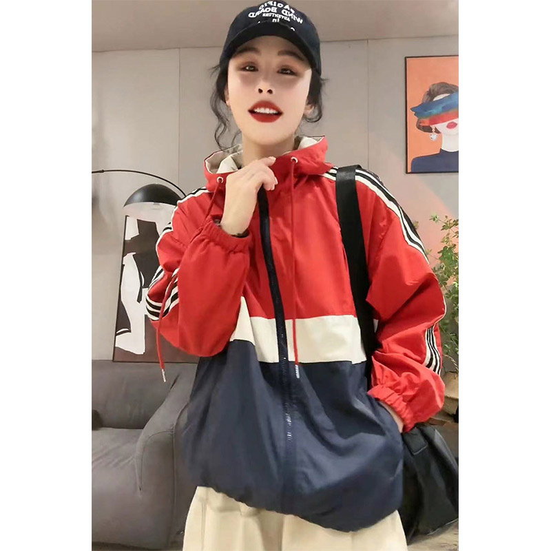 トラックジャケット 配色切替フード付きナイロン運動上着