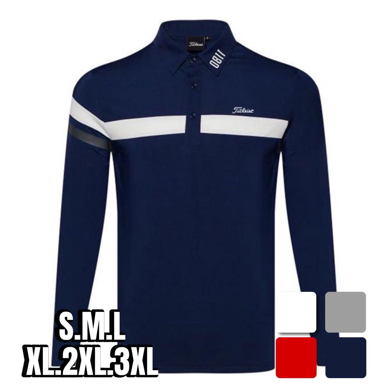 ゴルフ ウェア メンズ シンプル胸元ライン入り長袖ポロ