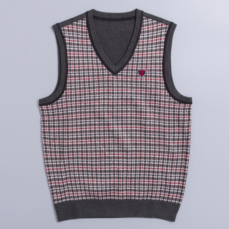 メンズ ゴルフ ウェア 千鳥格子柄ニットベスト紋章ワンポイント付き