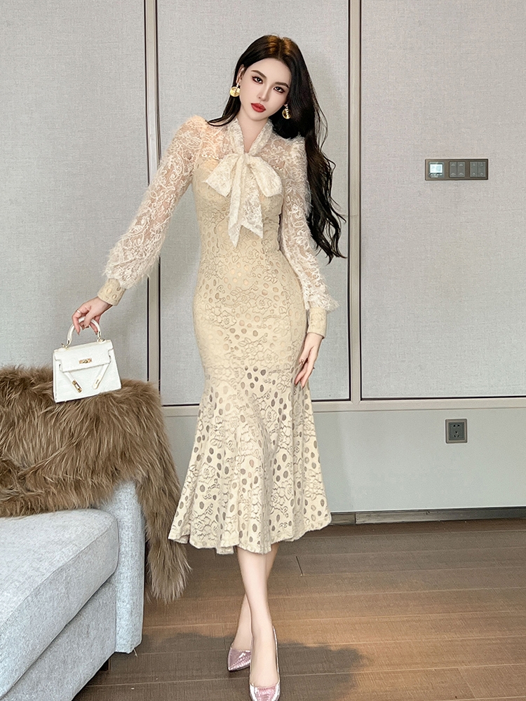 フォーマルワンピース 優美リボン付きレースマーメイドドレス