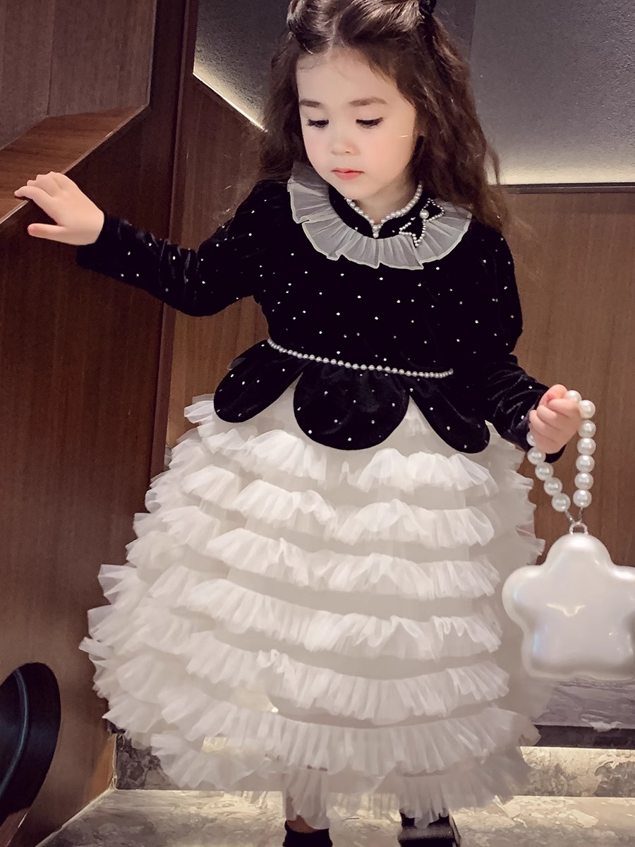 フォーマルワンピース 姫様風ベルベット重ね層ドレス