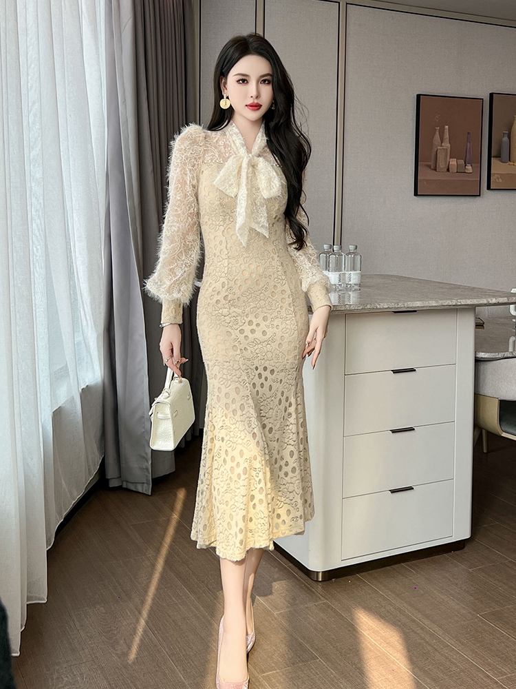 フォーマルワンピース 優美リボン付きレースマーメイドドレス
