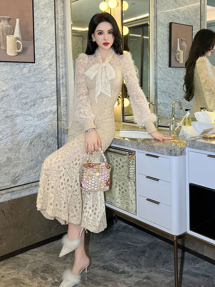 フォーマルワンピース 優美リボン付きレースマーメイドドレス
