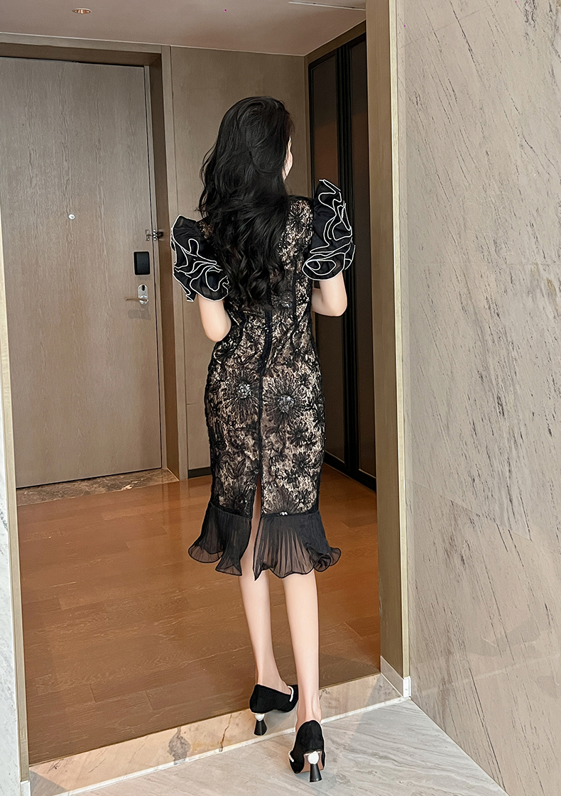 フォーマルワンピース 優美レース切替フリルペプラムワンピース