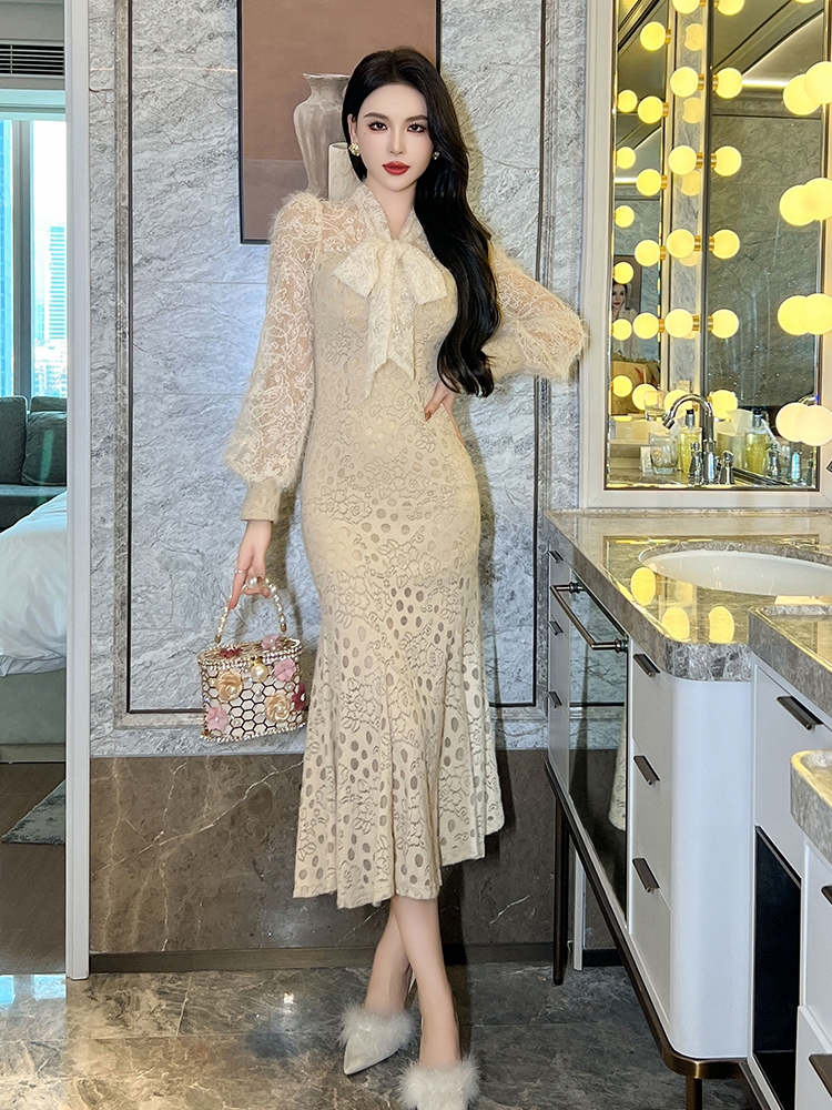 フォーマルワンピース 優美リボン付きレースマーメイドドレス