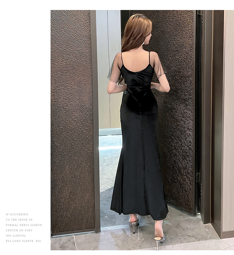 メッシュ袖付きベロアフォーマルワンピース　ロングドレス