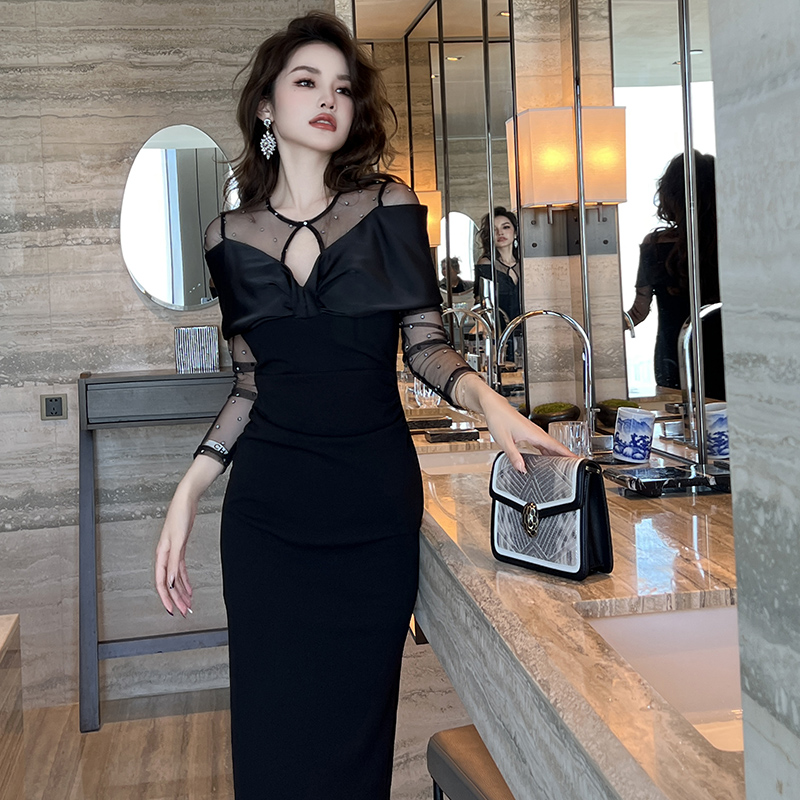 メッシュスリーブ フォーマルワンピース　ロングドレス　ブラックドレス