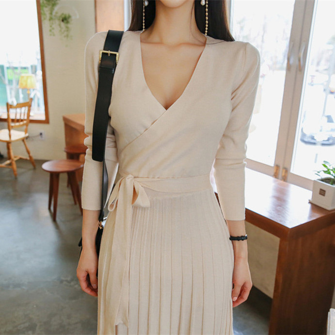 フォーマルワンピース 顔合わせ 上品カシュクールニットワンピース プリーツミモレ丈