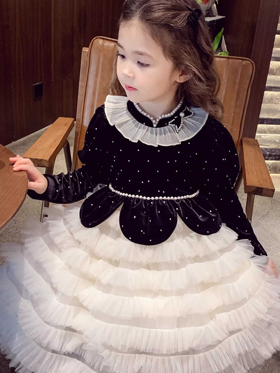 フォーマルワンピース 姫様風ベルベット重ね層ドレス