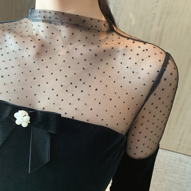 フォーマルワンピース メッシュ切替ベルベットロングドレス