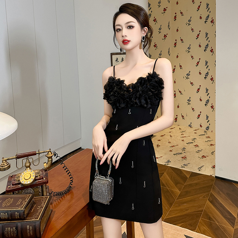 フォーマルワンピース 花飾りチュール胸元フリルパーティードレス