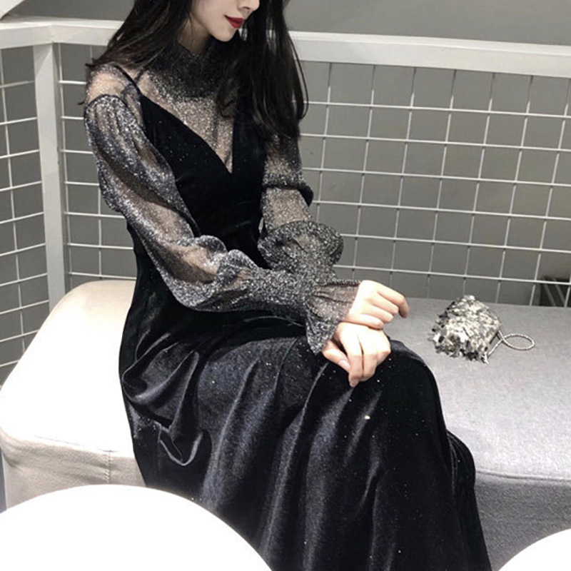 フォーマルワンピース きらめくベルベット襟付きロングワンピース