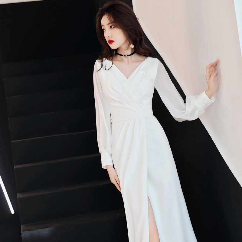 フォーマルワンピース 優美なシフォンスリーブフォーマルドレス　ウエディング