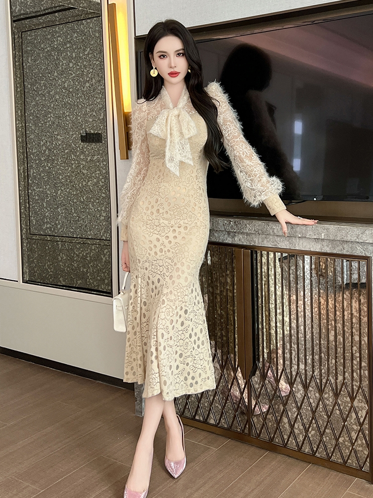 フォーマルワンピース 優美リボン付きレースマーメイドドレス
