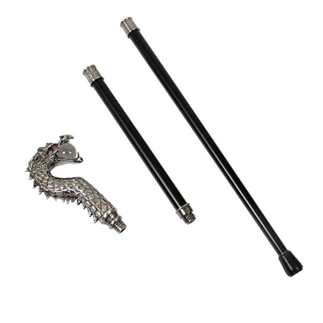 龍頭装飾杖 水晶玉付き銀色ステッキ