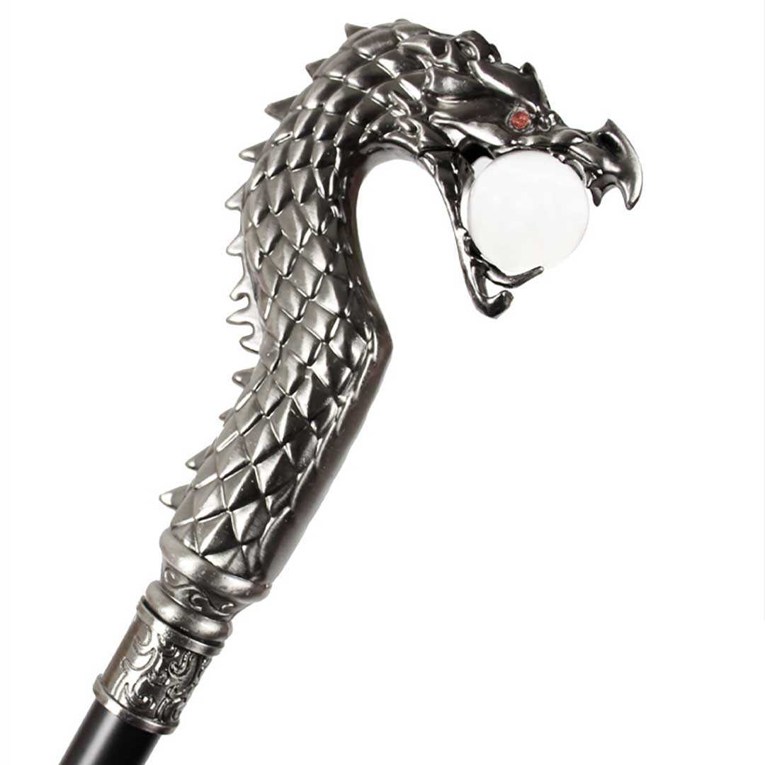 龍頭装飾杖 水晶玉付き銀色ステッキ