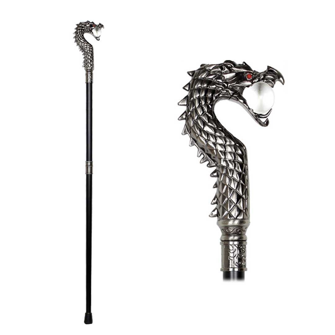 龍頭装飾杖 水晶玉付き銀色ステッキ