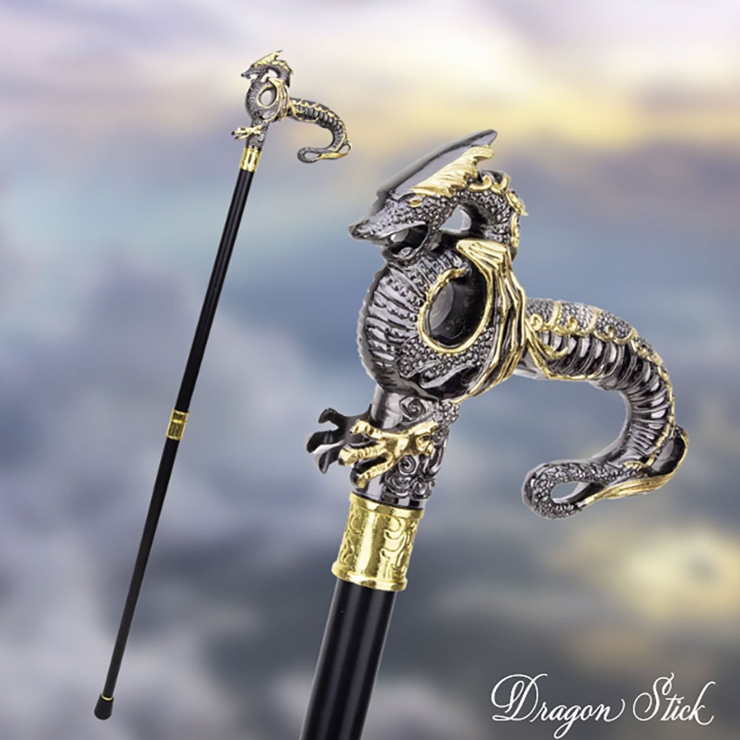 金色龍装飾ファッション杖 黒軸仕様