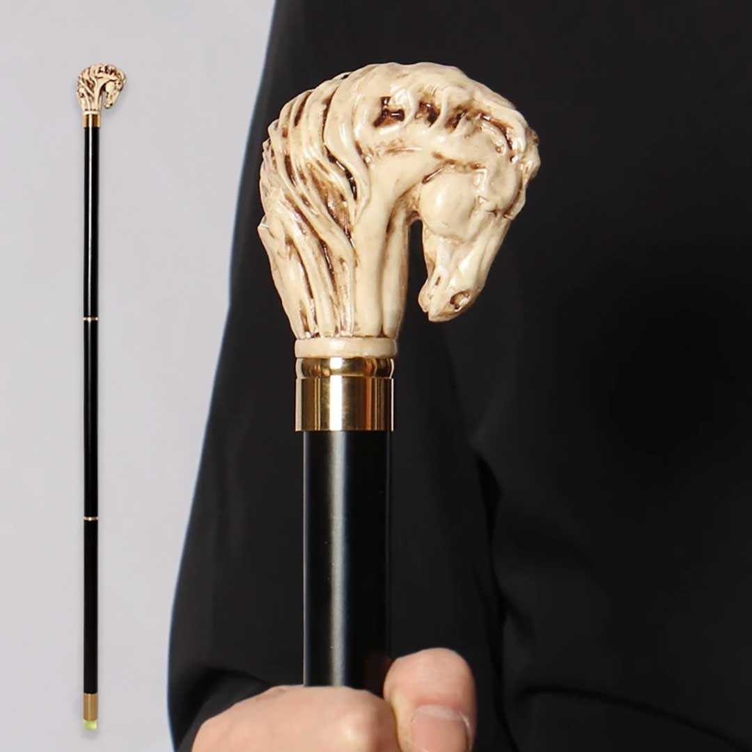 木製ライオン馬頭装飾ウォーキング杖ベージュ高級ステッキ