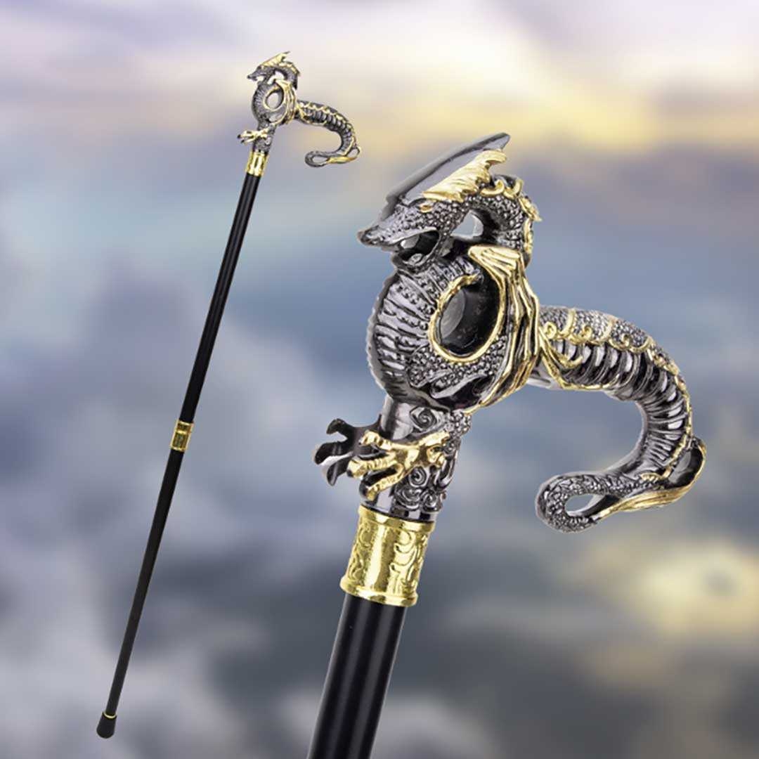 金色龍装飾ファッション杖 黒軸仕様