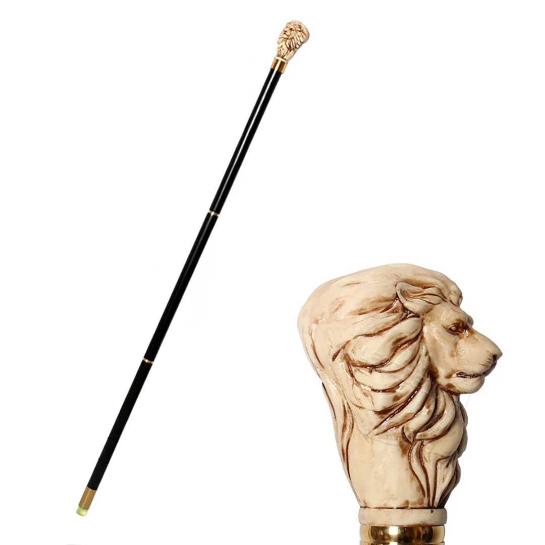 木製ライオン馬頭装飾ウォーキング杖ベージュ高級ステッキ