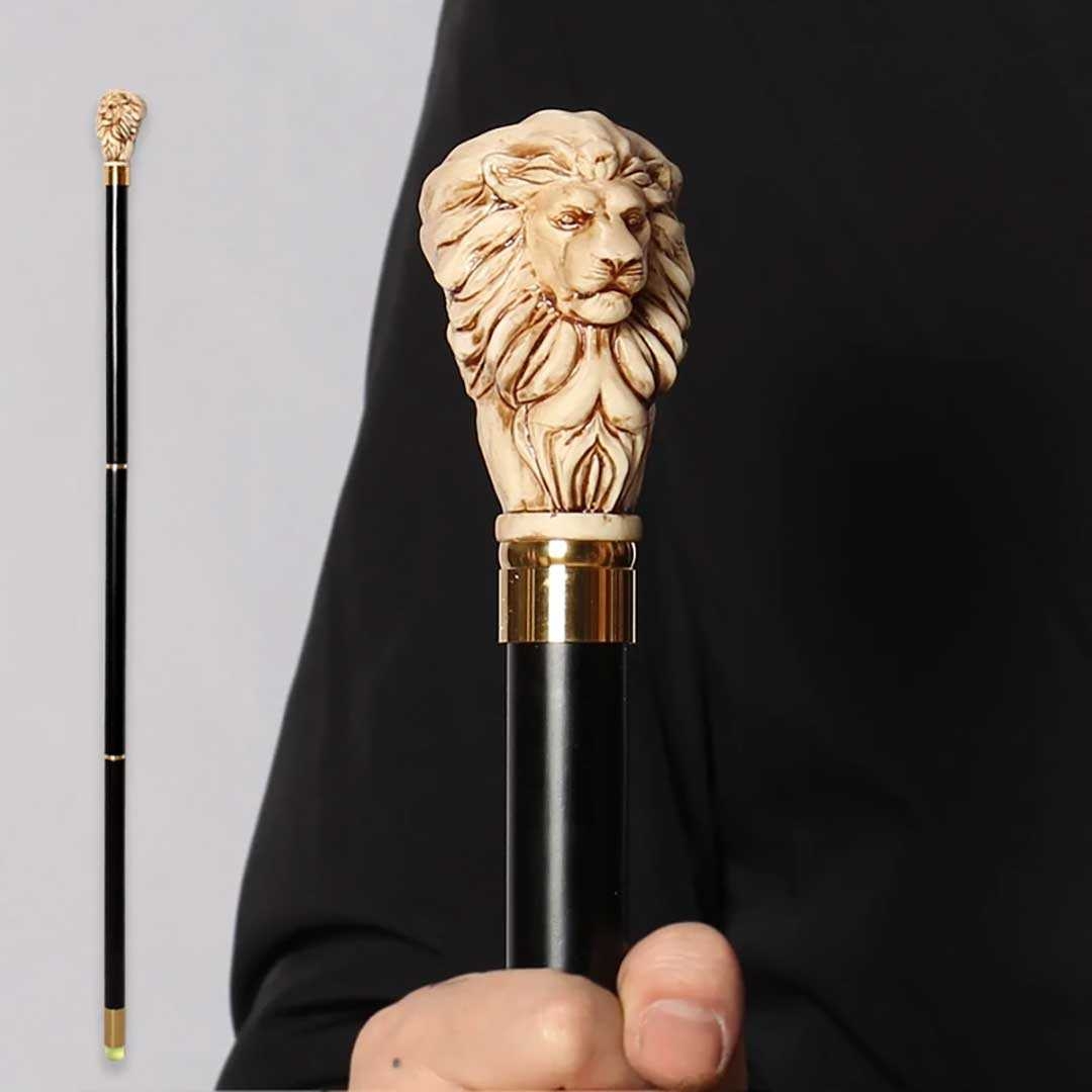木製ライオン馬頭装飾ウォーキング杖ベージュ高級ステッキ