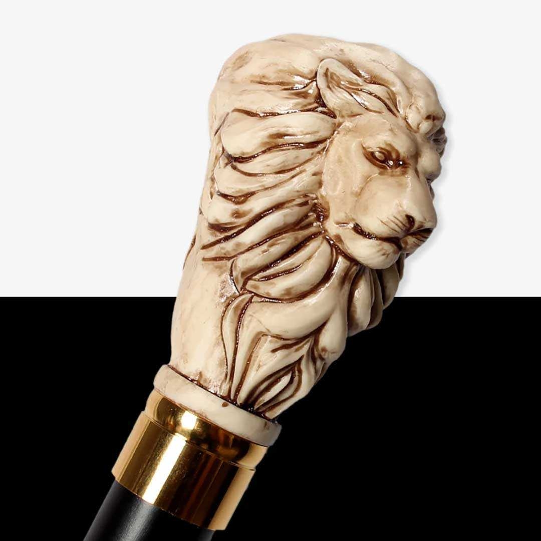 木製ライオン馬頭装飾ウォーキング杖ベージュ高級ステッキ