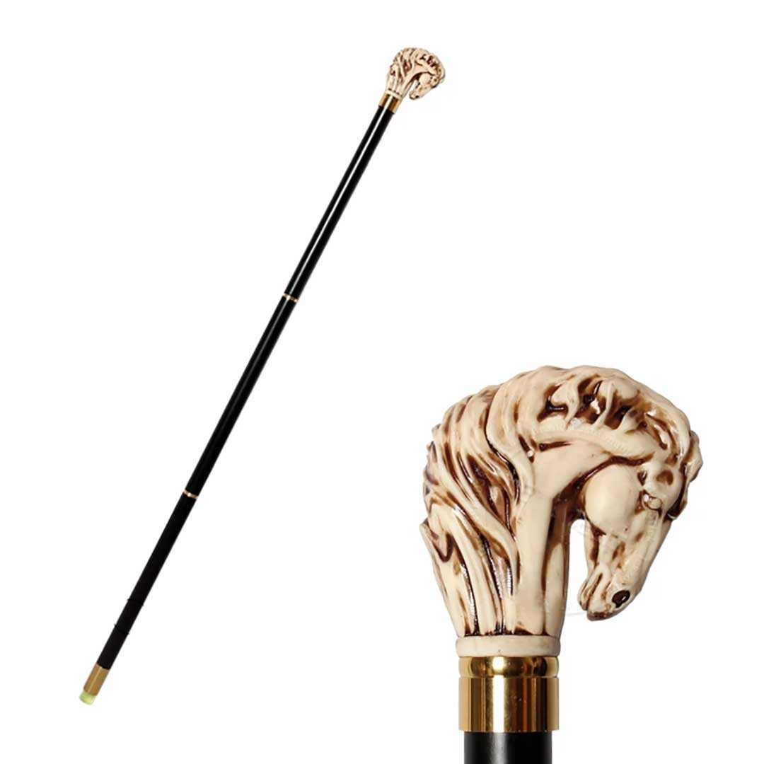 木製ライオン馬頭装飾ウォーキング杖ベージュ高級ステッキ