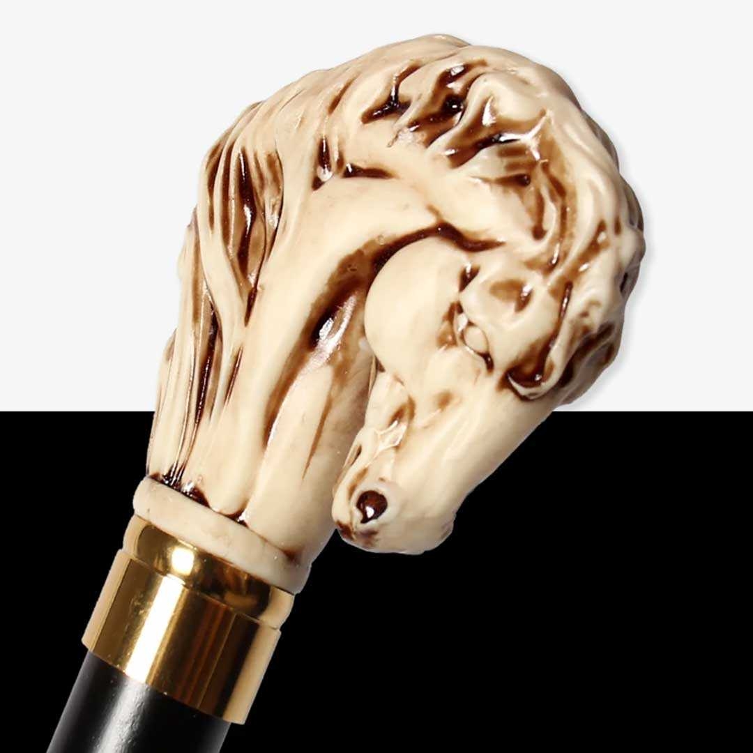 木製ライオン馬頭装飾ウォーキング杖ベージュ高級ステッキ