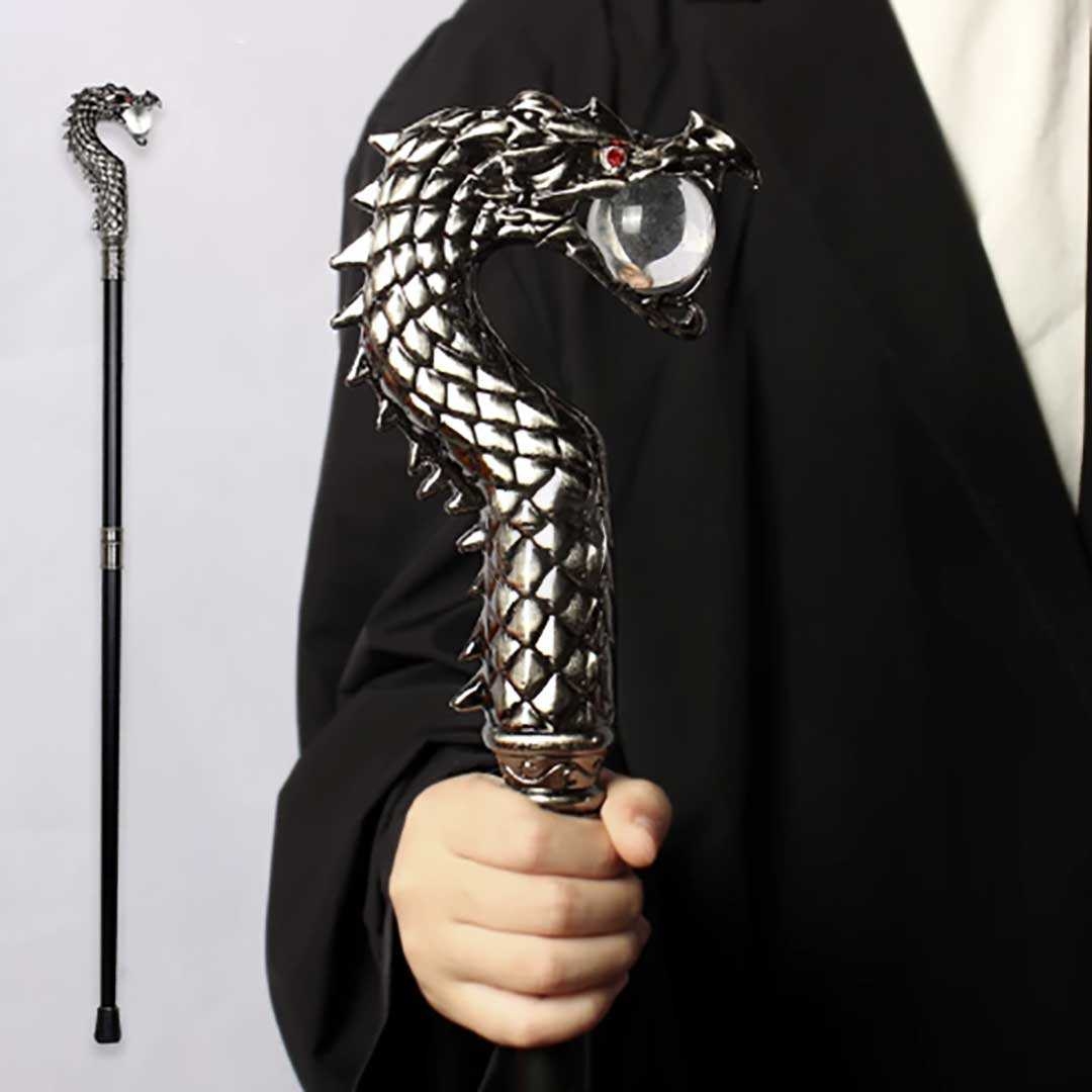 龍頭装飾杖 水晶玉付き銀色ステッキ