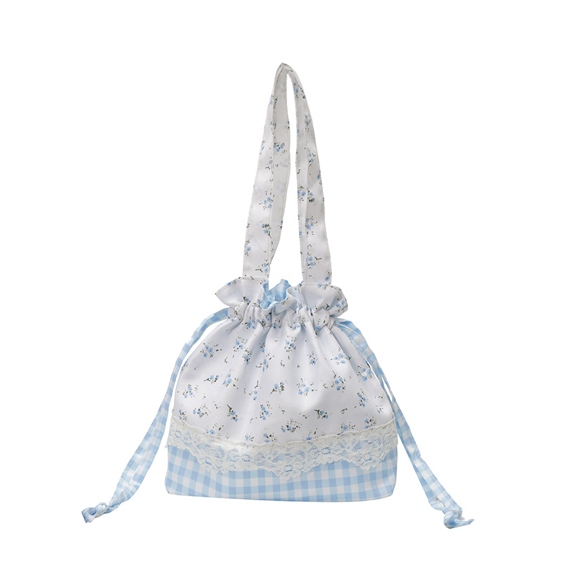 巾着 小花柄とギンガムチェック柄レース付き巾着ポーチ