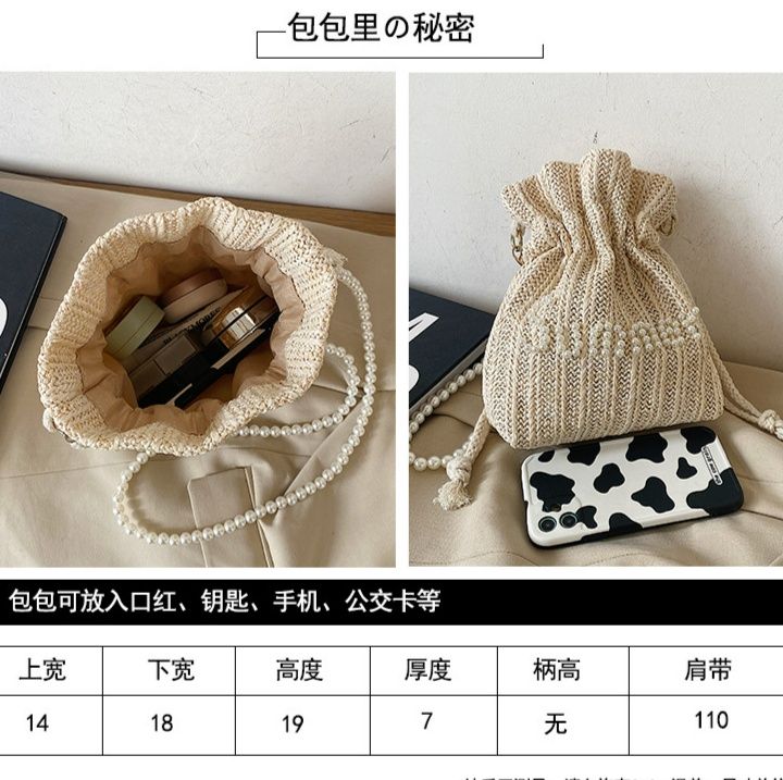 巾着 編み込み風パール装飾巾着ショルダー鞄