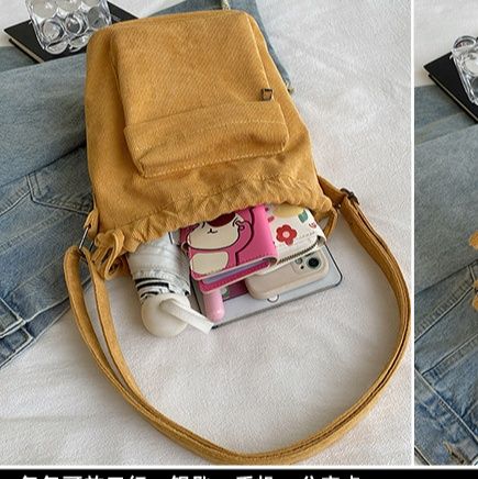 巾着 コーデュロイ風前ポケット付き巾着型ショルダーかばん