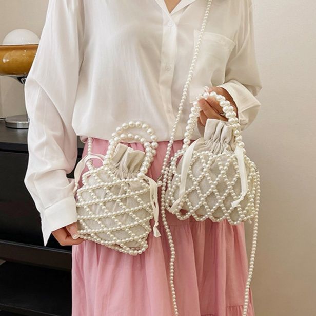 巾着 パール装飾付き格子柄巾着ショルダーバッグ