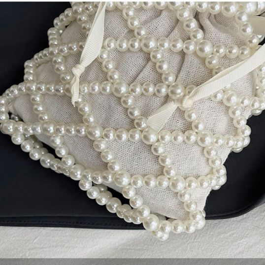 巾着 パール装飾付き格子柄巾着ショルダーバッグ